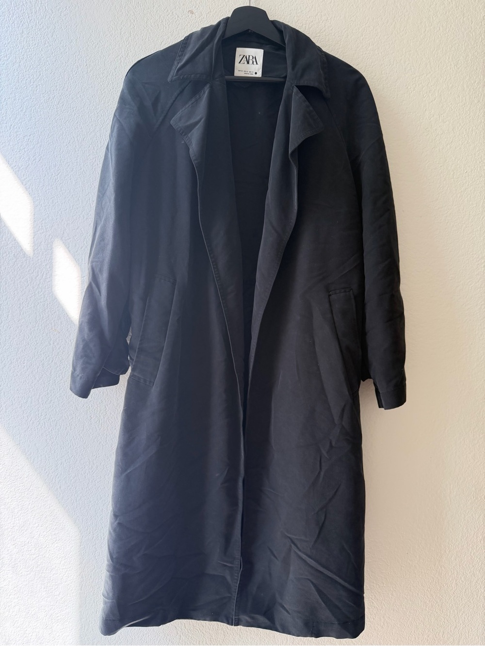 ZARA Black Long Trench Coat with Notched Collar